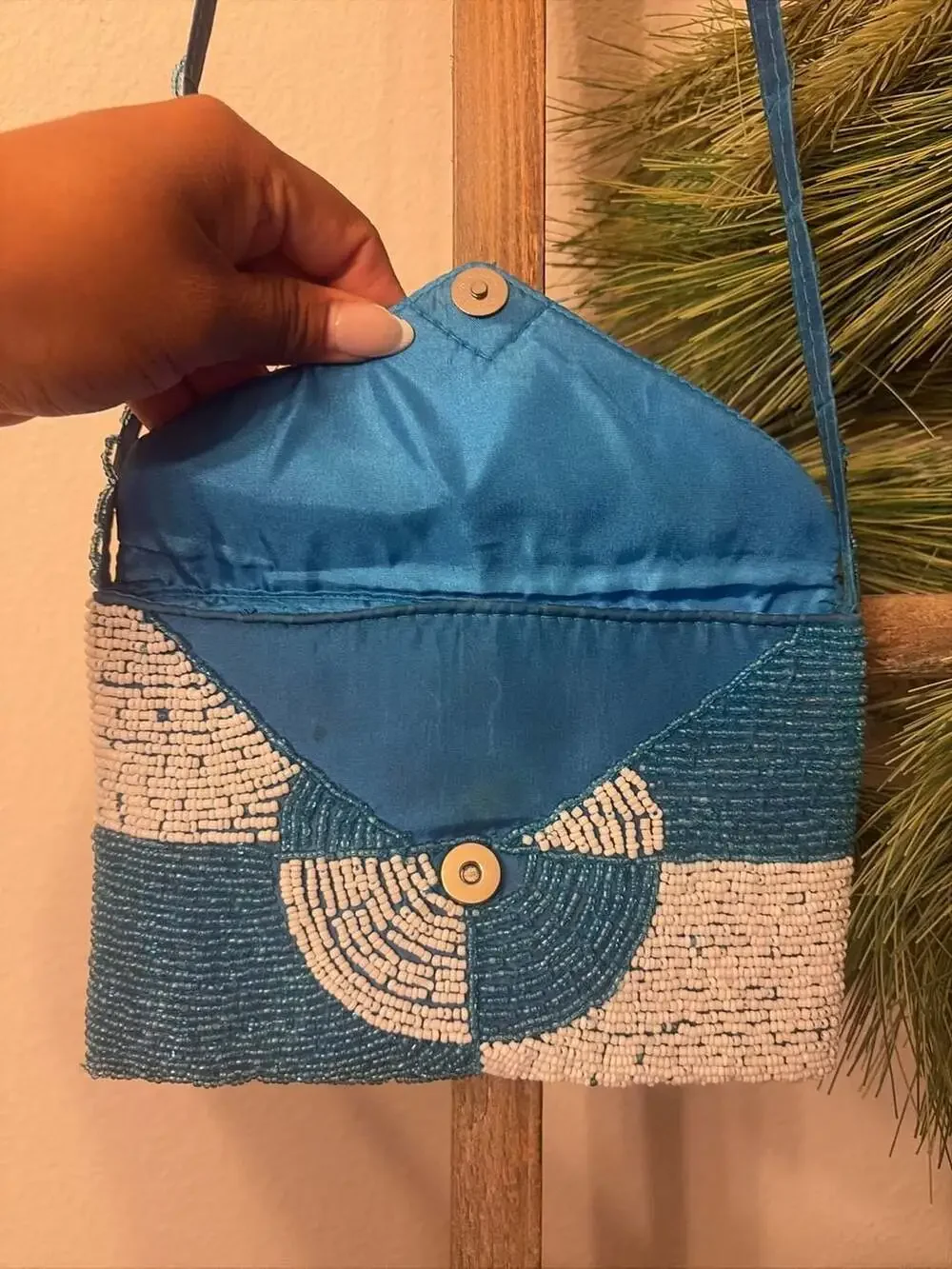Sol and Mer Blue and White Geometric Beaded Shoulder Bag